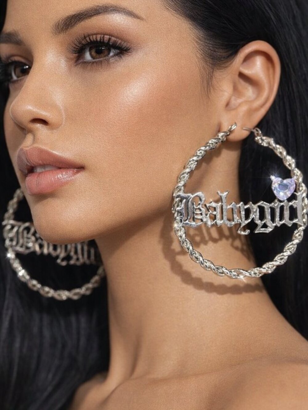Aaliyah Silver “Babygirl” Twisted Crystal Hoop Earrings – Women Fashion Jewelry